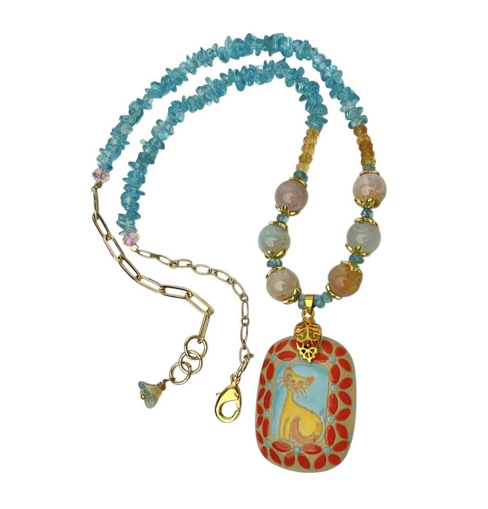 Artisan Beaded Pendant Necklace Golem Design Ceramic Cat Boho Chic Artsy Earthy